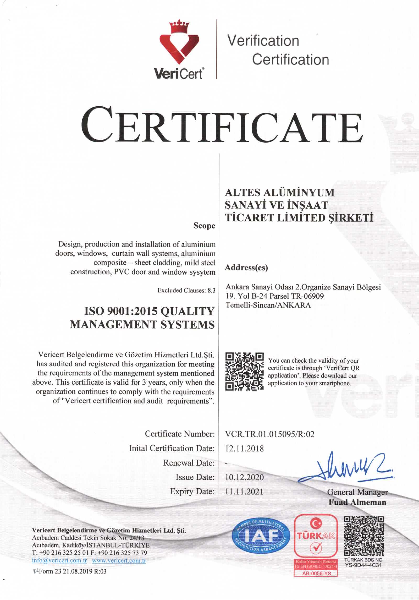 Altes Aluminyum Sanayi Insaat Ticaret Ltd Sti Certificates